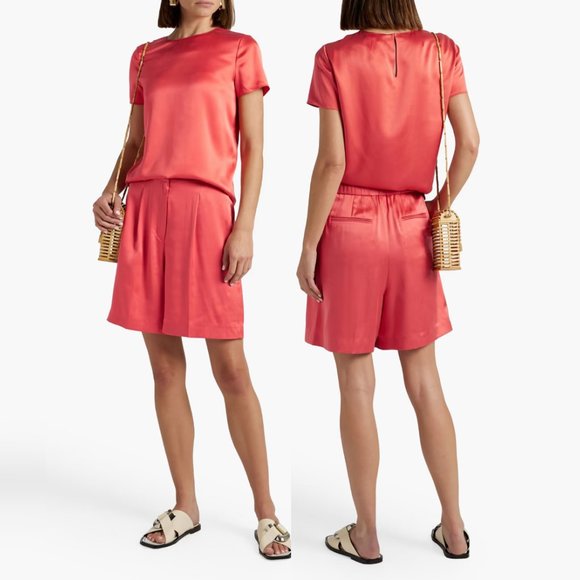 Theory Pleated Silk Trouser Shorts In Bright Coral Vintage Satin
